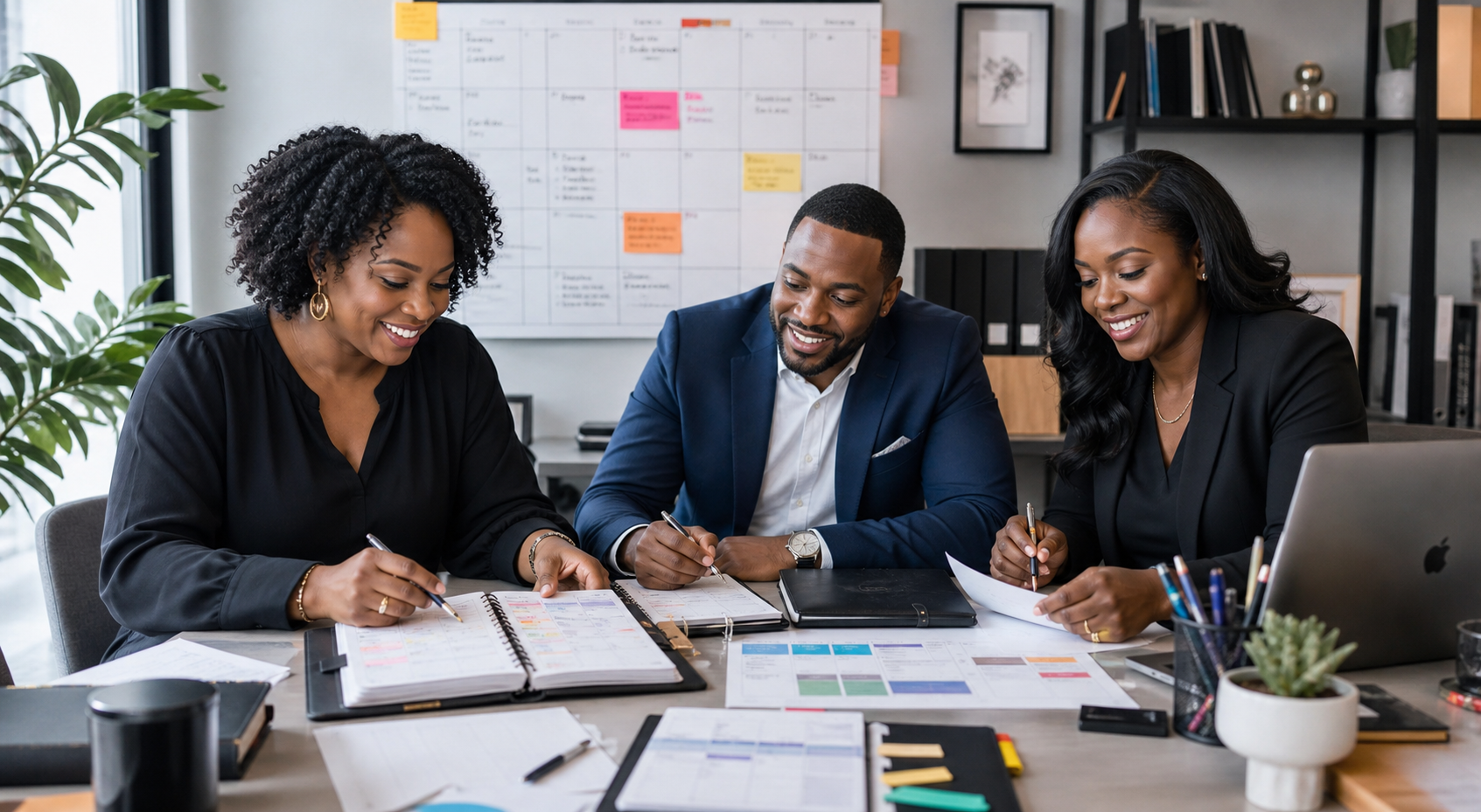 Professionnels noirs en echange sur l organisation du travail, l agenda et l efficacite professionnelle